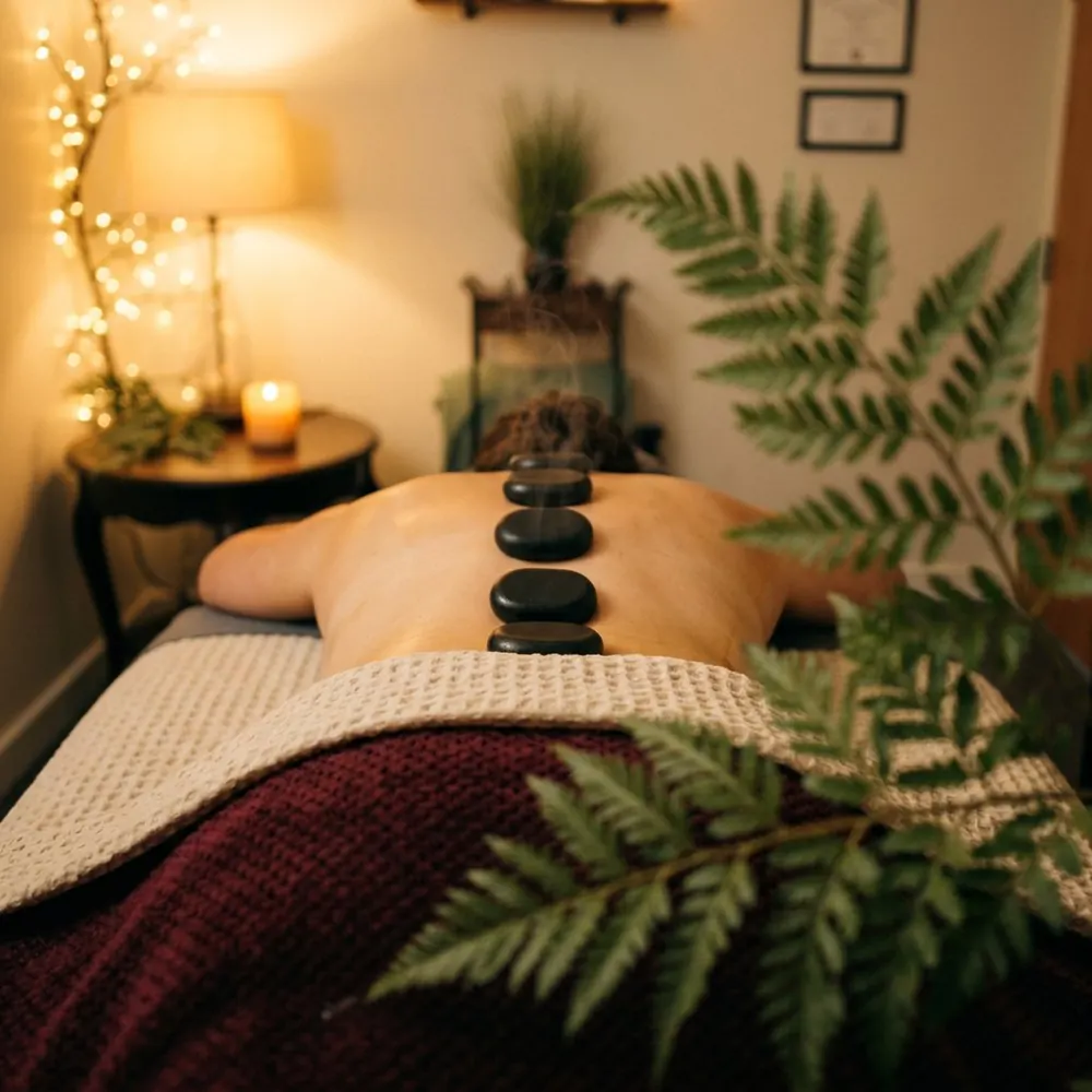 Smooth dark stones lined along a client's spine with a fern frond in the foreground