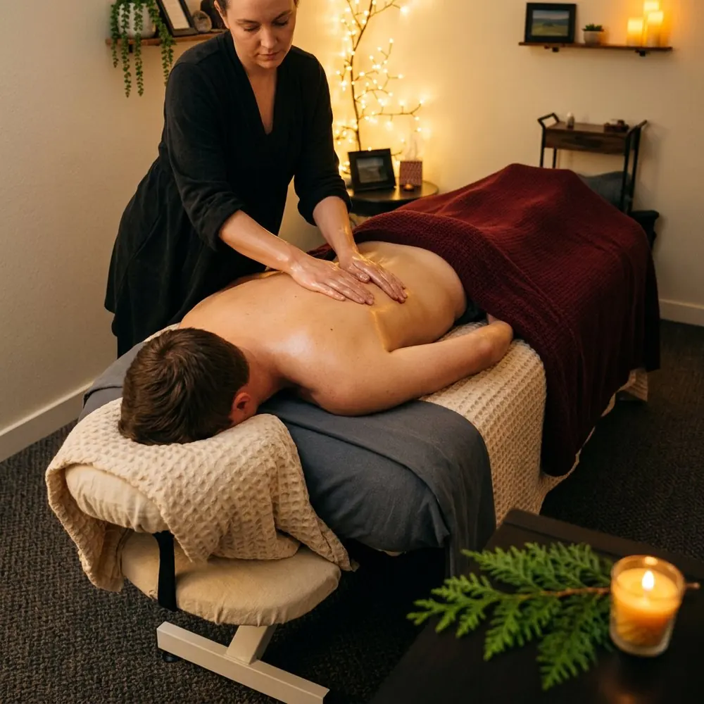 A therapist working a client's back on a made-up table under warm lamps