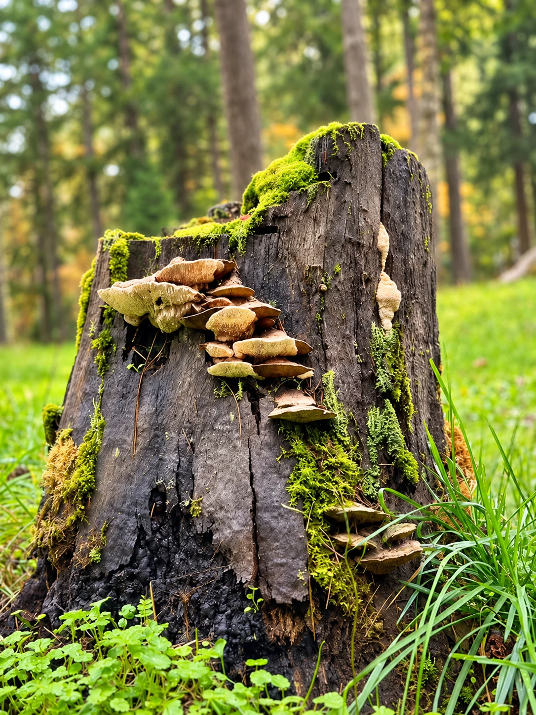 Mossy stump with shelf mushrooms